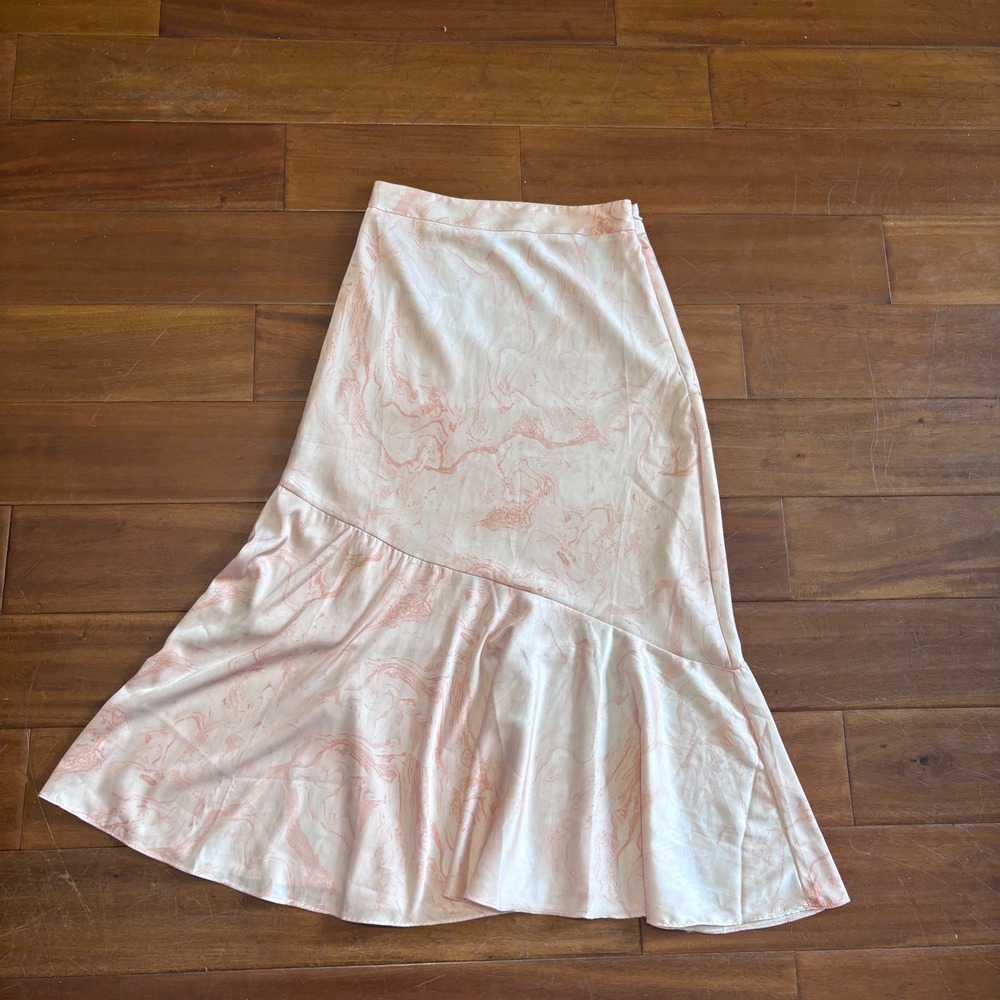 Hutch by Anthropologie Pink Marble Print Asymmetrical Ruffle Hem Midi Skirt/Sz 6